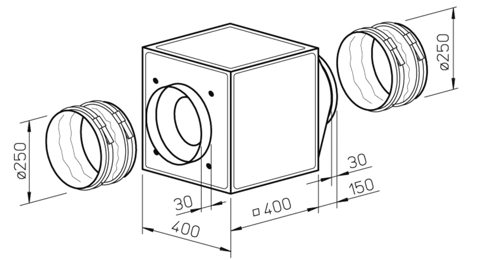 Helios GBW EC 250, Gigabox EC inkl. Formstück u. flex. Manschetten DN 250 1-PH 200-277V 50/60Hz regelbar