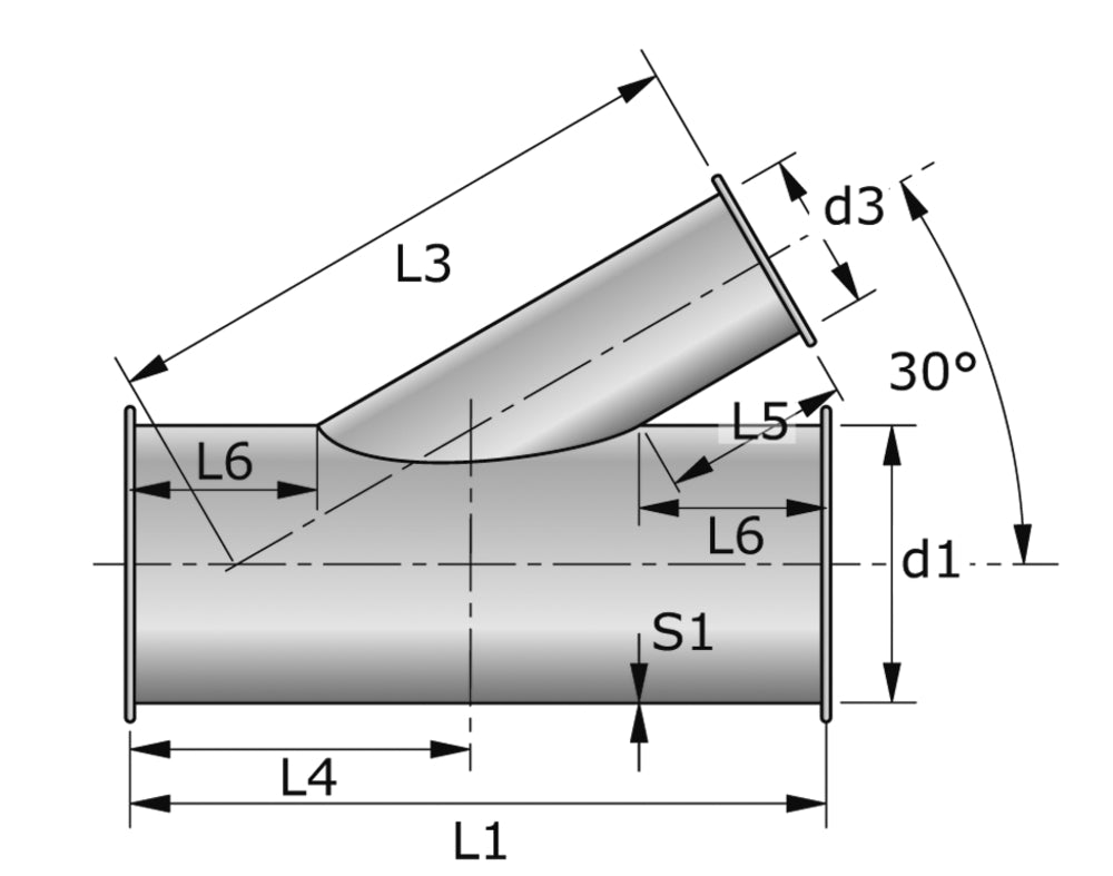 Metu-Form Abzweigstück 30° (Parallelflansch-System) NW 630/500