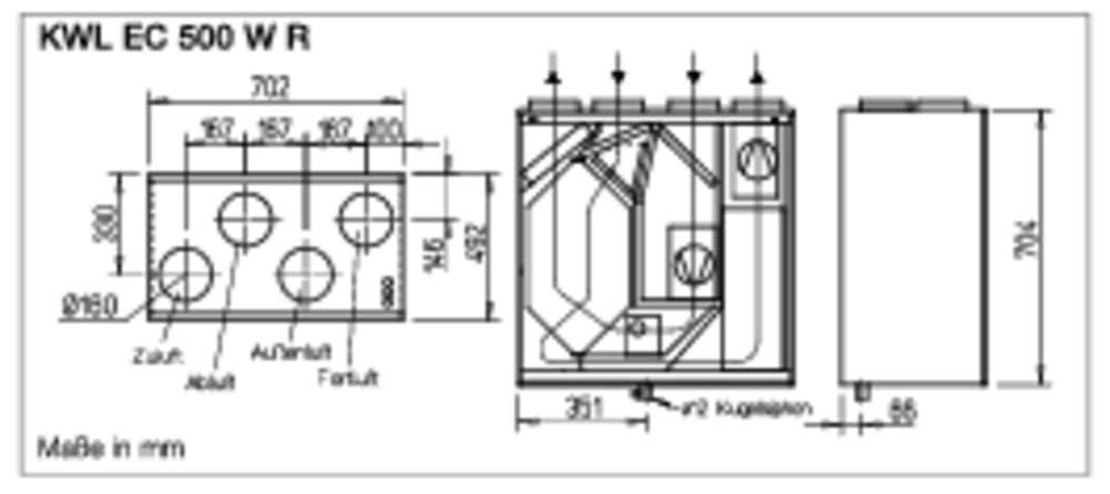 Helios KWL EC 500 W L, Lüftungsgerät links mit WRG EC-Motoren Auto-Bypass und Web-Server