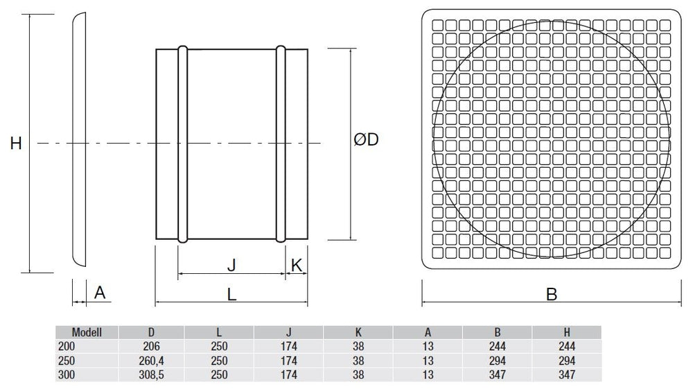 S&P Wandeinbau-Ventilator TREB/4-200 SG mit Schutzgitter, 230V