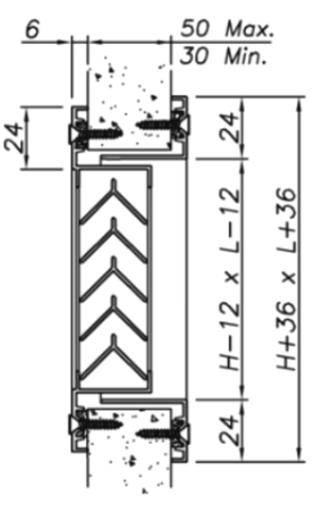 späth Türeinbaugitter 24-S1/625x325, feststehenden V-förmigen Lamellen und Gegenrahmen Alu elox.