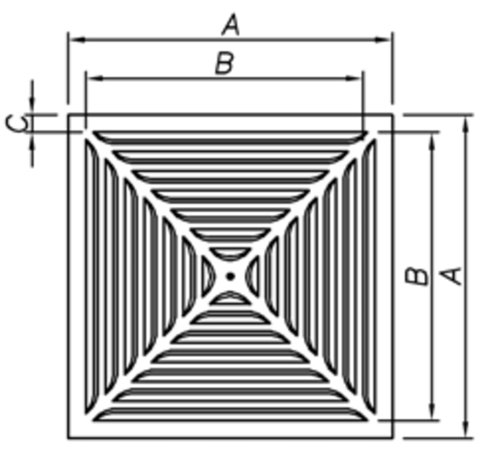 späth Deckenluftauslass 52-FR-4-Stamp 623/500, 4-seitig ausblasend, gestanzte, umlaufende Lamellen
