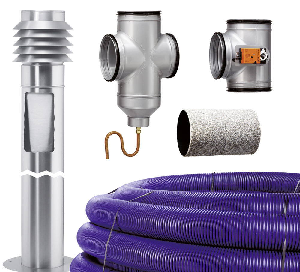 Helios LEWT-Bausatz, mit Erdkollektorrohr Mauerdurchführung, Ansaugsäule Steuerung und Rohr-Formteile