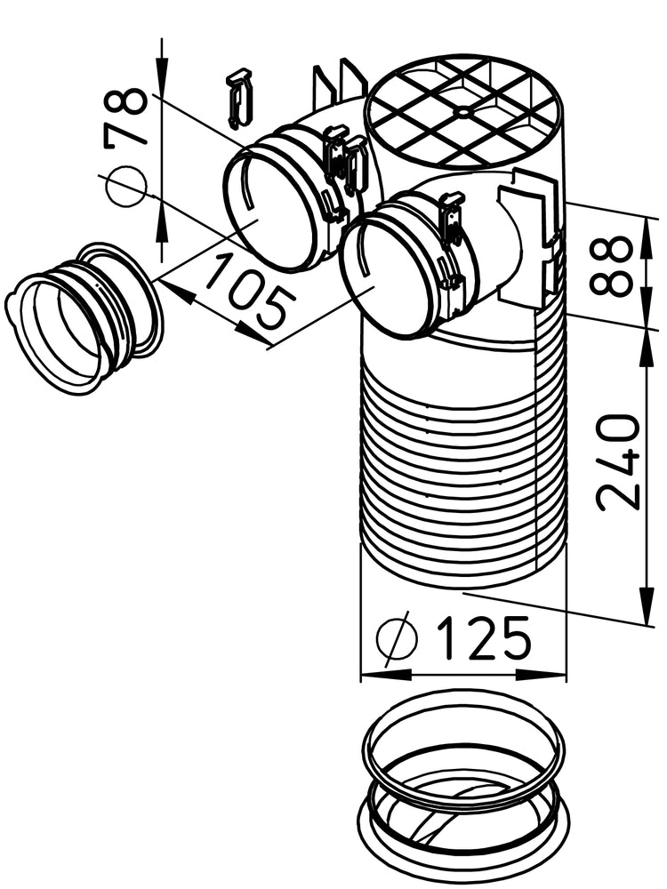 Helios FRS-DWK 2-51/125, FlexPipe Decken-/Wandkasten DN 125 und 2 Stutzen Oval 51 für Decken-/ Wandventile